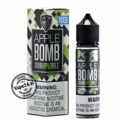 VGOD Apple Bomb Iced 60ml E-Liquid with Sour Apple Belt flavor, featuring a green and black design.