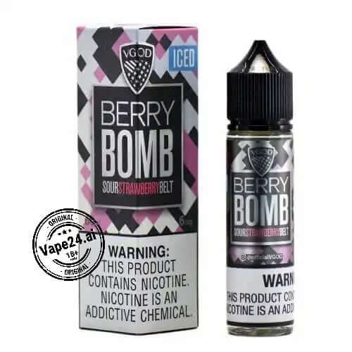 VGOD Berry Bomb e-liquid 60ml bottle with warning label, featuring sour strawberry belt flavor, iced variant.