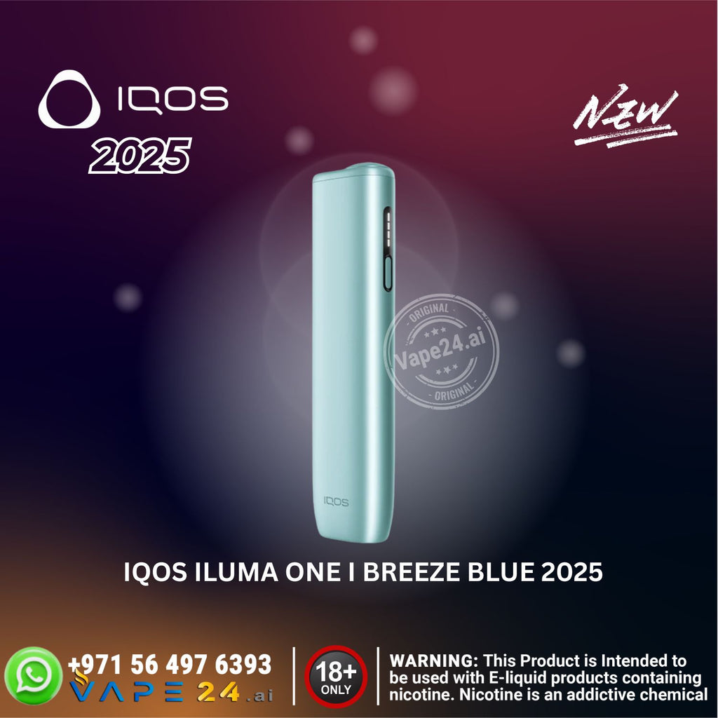 IQOS Iluma One I Breeze Blue 2025 device on a dark background with IQOS branding.