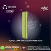 IQOS ILUMA ONE I Leaf Green 2025 device on a dark background with IQOS branding.