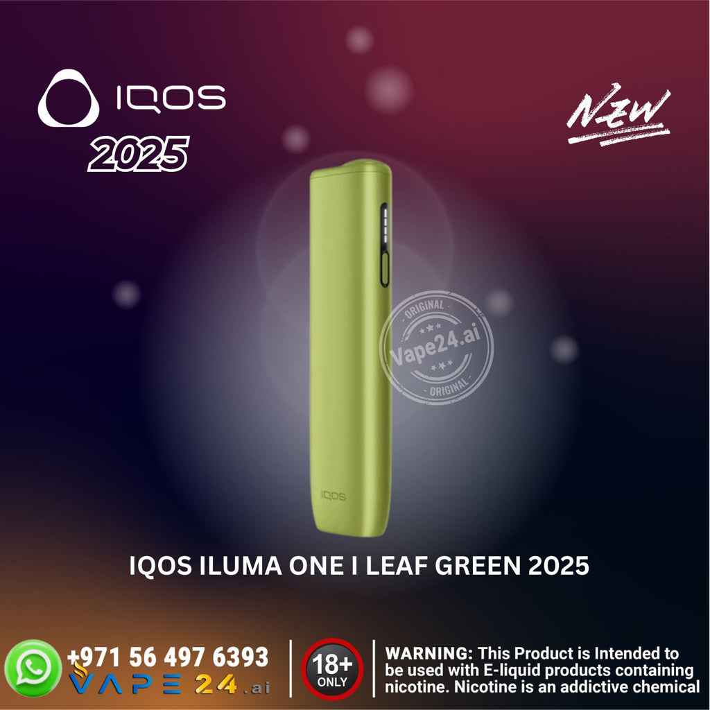 IQOS ILUMA ONE I Leaf Green 2025 device on a dark background with IQOS branding.