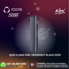 IQOS ILUMA ONE I Midnight Black 2025 device with IQOS 2025 branding on a dark background.