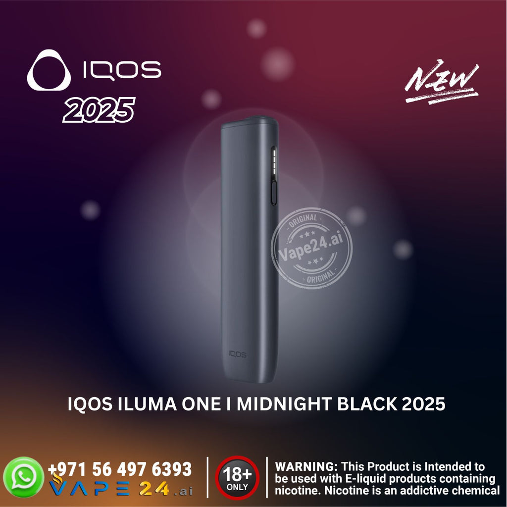 IQOS ILUMA ONE I Midnight Black 2025 device with IQOS 2025 branding on a dark background.