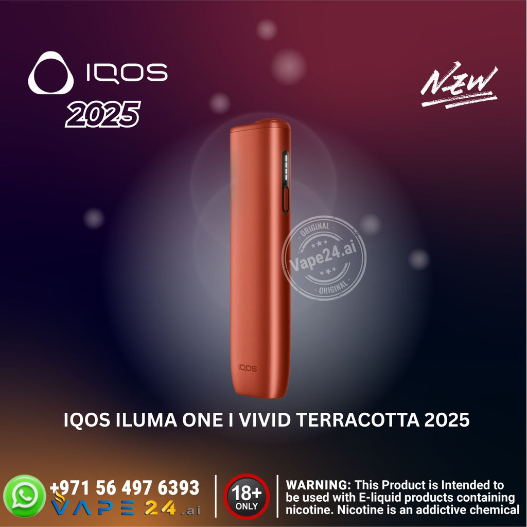 Red IQOS device with 'IQOS 2025' branding on a dark background
