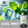 Silvaper Cool Mint vape device with ice cubes and mint leaves on a dark background