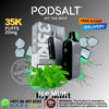 Podsalt vape device and packaging with ice mint flavor on a dark background