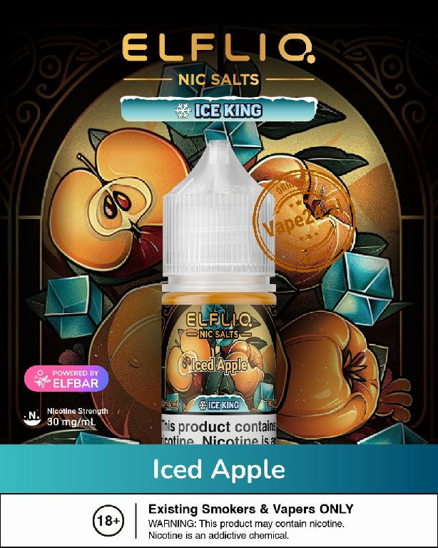 Elfliq Iced Apple vape juice bottle with decorative background