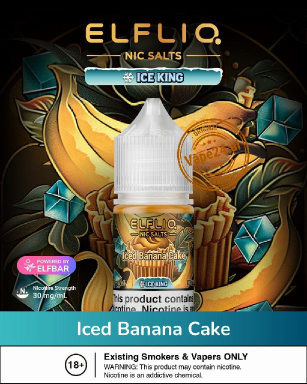Elfliq Iced Banana Cake vape juice bottle with decorative background