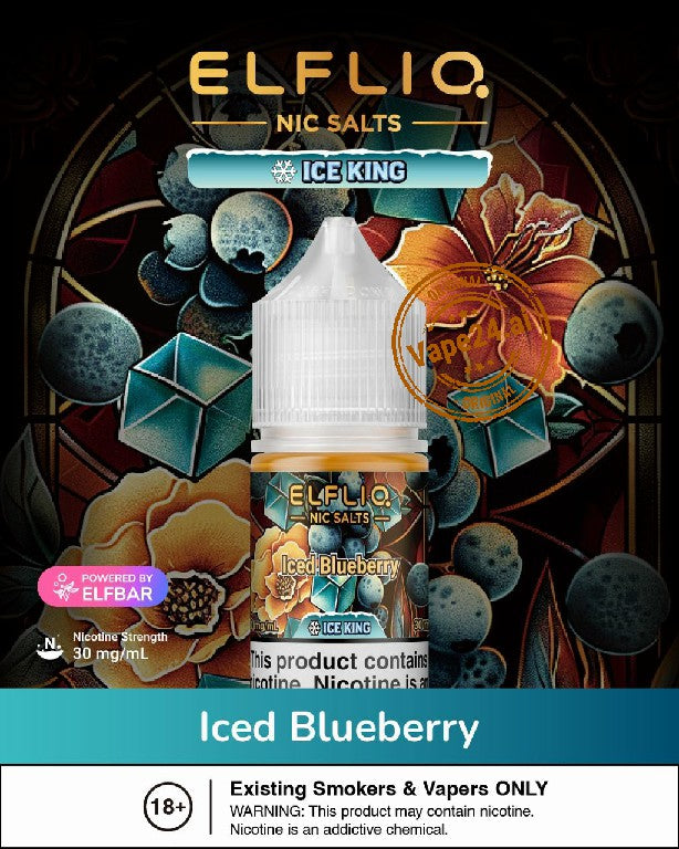 Elfliq Nic Salts Ice King Iced Blueberry vape juice packaging with decorative background