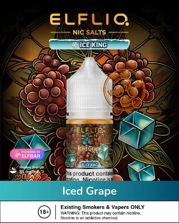Elfliq Nic Salts Ice King Iced Grape flavor bottle with decorative background