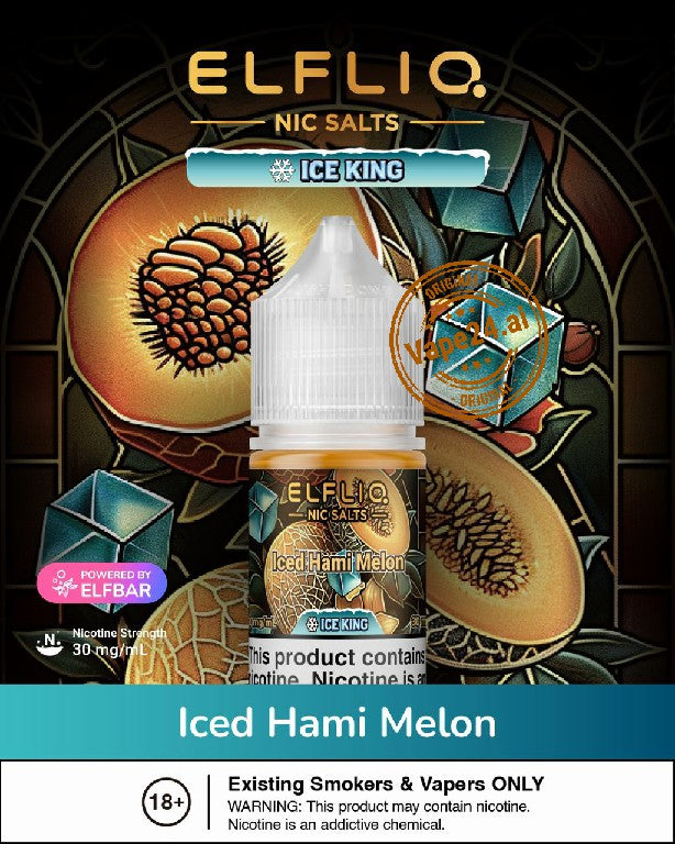 Elfliq Nic Salts Iced Hami Melon vape juice bottle with decorative background