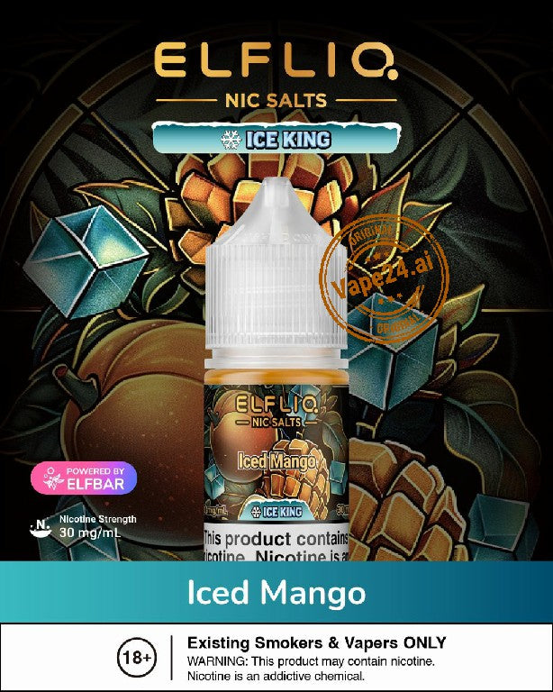 Elfliq Nic Salts Iced Mango vape juice bottle with decorative background