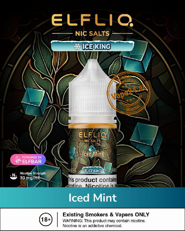 Elfliq Nic Salts Ice King Iced Mint flavor bottle on a decorative background