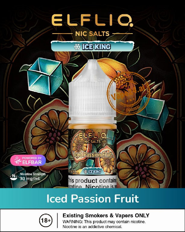 Elfliq Nic Salts Ice King Iced Passion Fruit vape juice packaging with decorative elements.