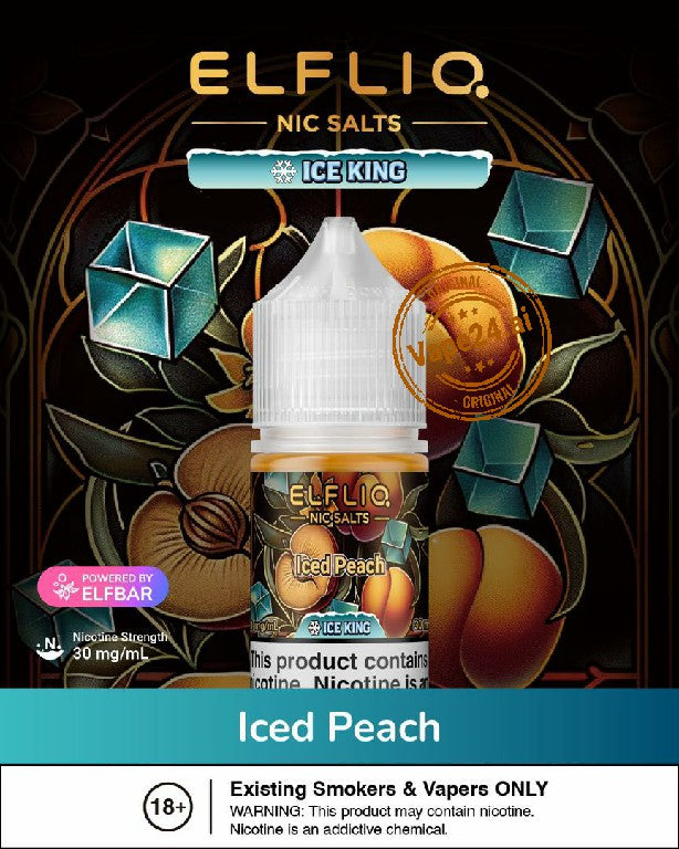 Elfliq Nic Salts Ice King Iced Peach vape juice packaging with decorative background