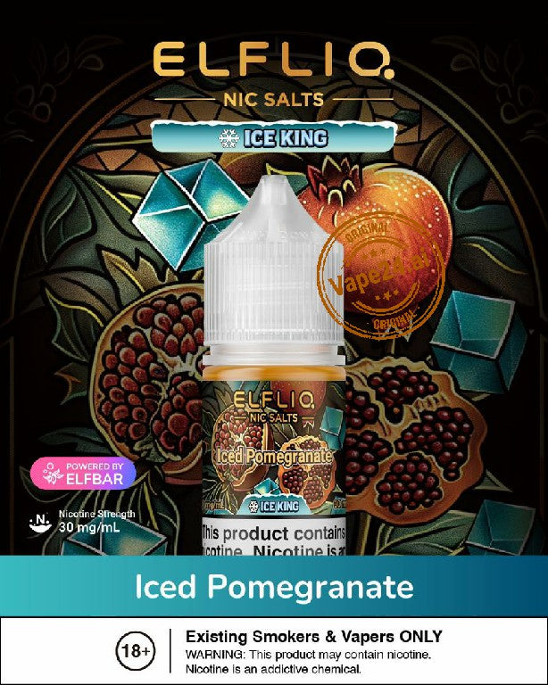 Elfliq Iced Pomegranate vape juice bottle with decorative background