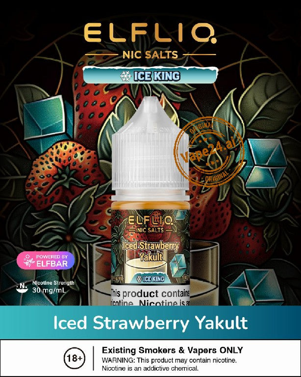 Elfliq Iced Strawberry Yakult vape juice bottle with colorful background