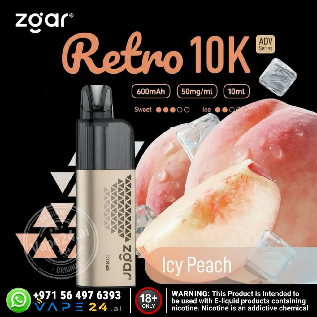 Zgar Retro 10K vape device with icy peach flavor on a black background