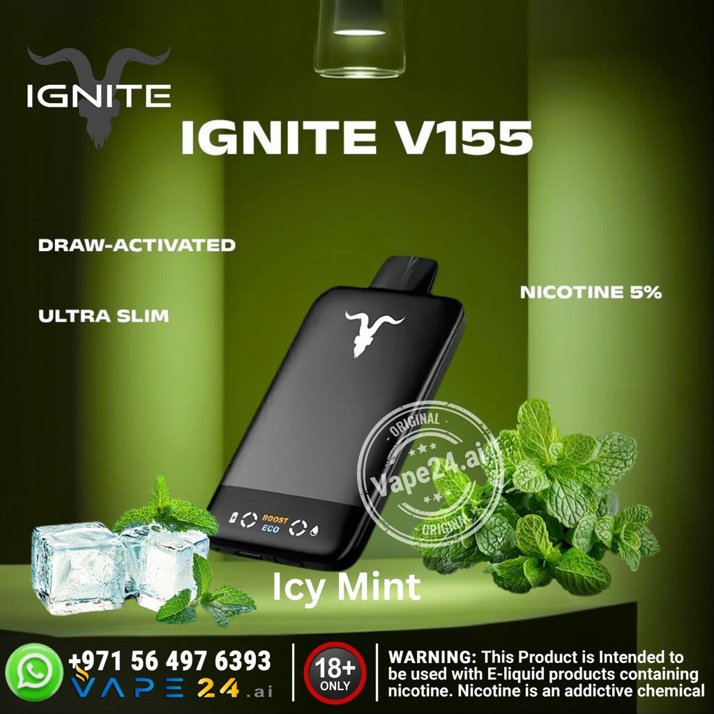 Ignite V155 vape disposavle showcases with icy mint flavor branding of vape24 logo