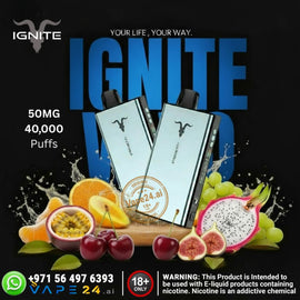 Advertisement for IGNITE vaping devices with fruit graphics and branding elements.