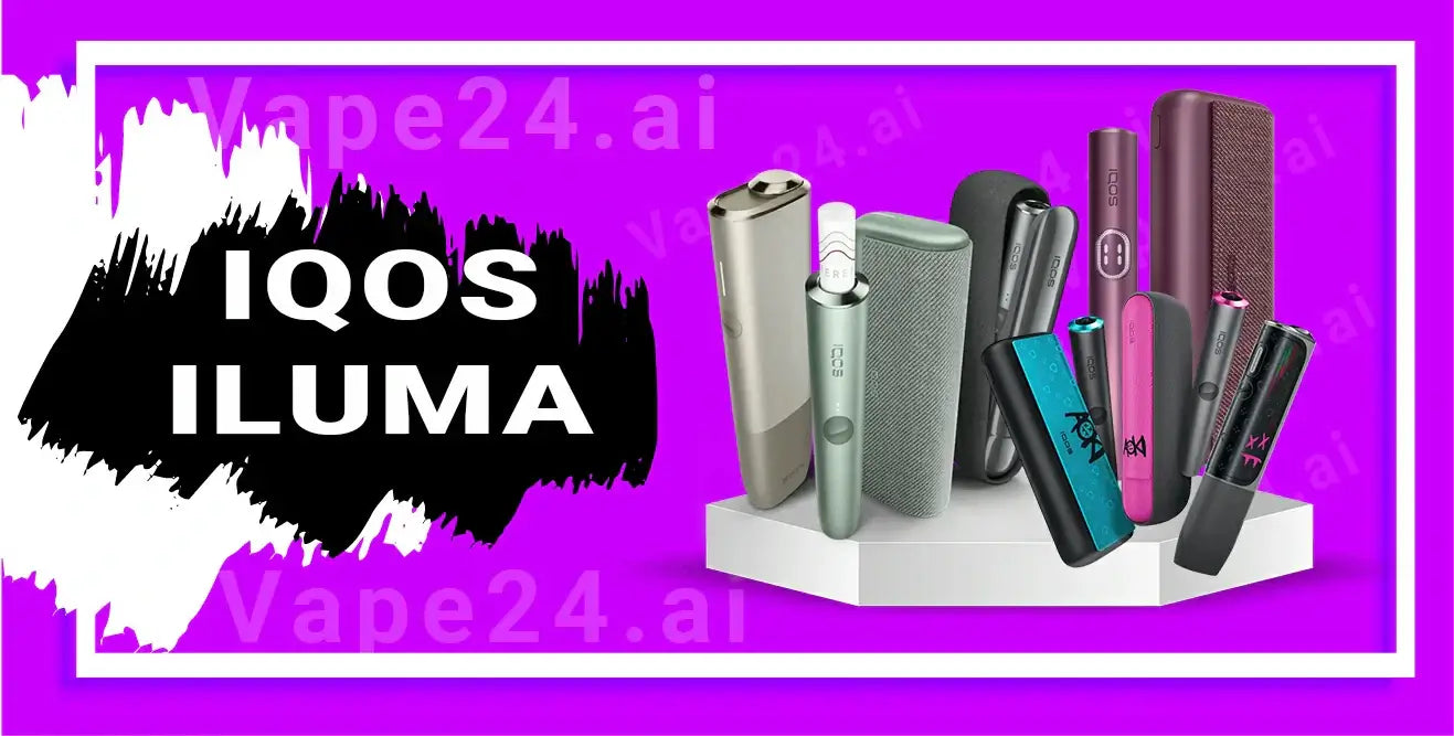 Collection of IQOS Iluma devices on a display, featuring various colors and designs against a vibrant purple background.