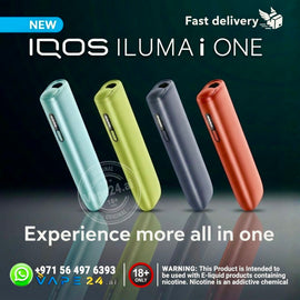 IQOS ILUMA i ONE devices for Terea in four colours with branding and contact information on a dark background.