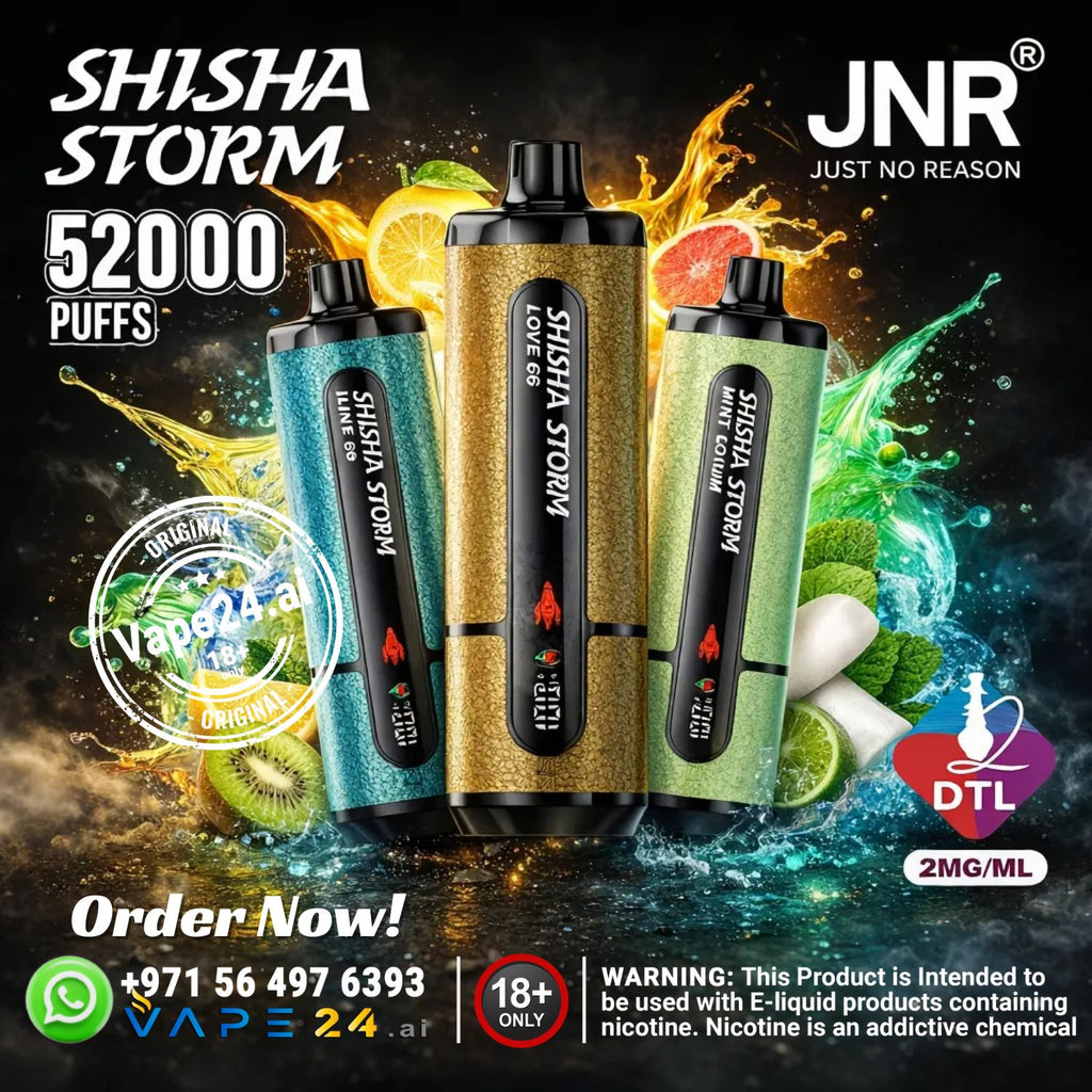 Three Shisha Storm vape devices with colorful splashes and branding on a dark background.