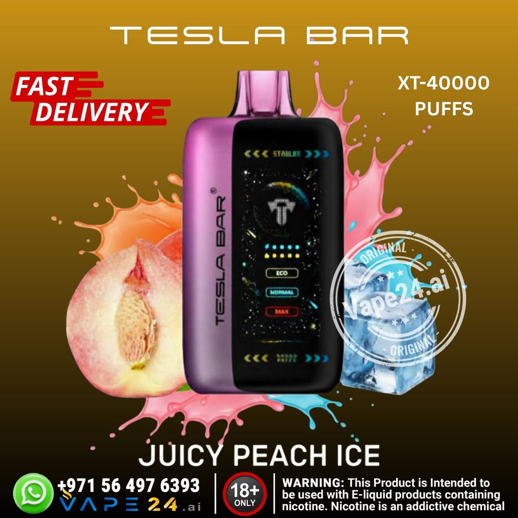 Tesla Bar vape device with juicy peach ice flavor on a brown background