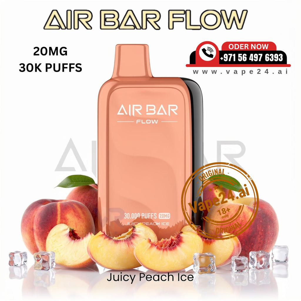 Air Bar Flow vape device with peaches and ice cubes on a white background