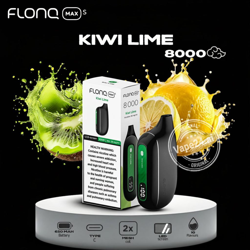 Flonq vape device and packaging with kiwi and lime graphics on a black background