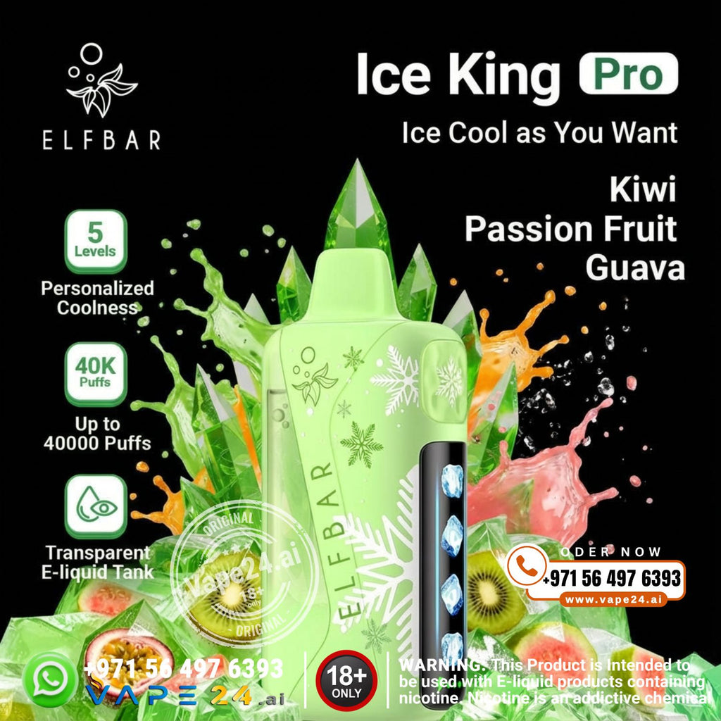 Green vape device with kiwi passion guava on a black background, featuring ELF BAR branding.