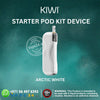 KIWI starter pod kit device on a teal background with branding and contact information.