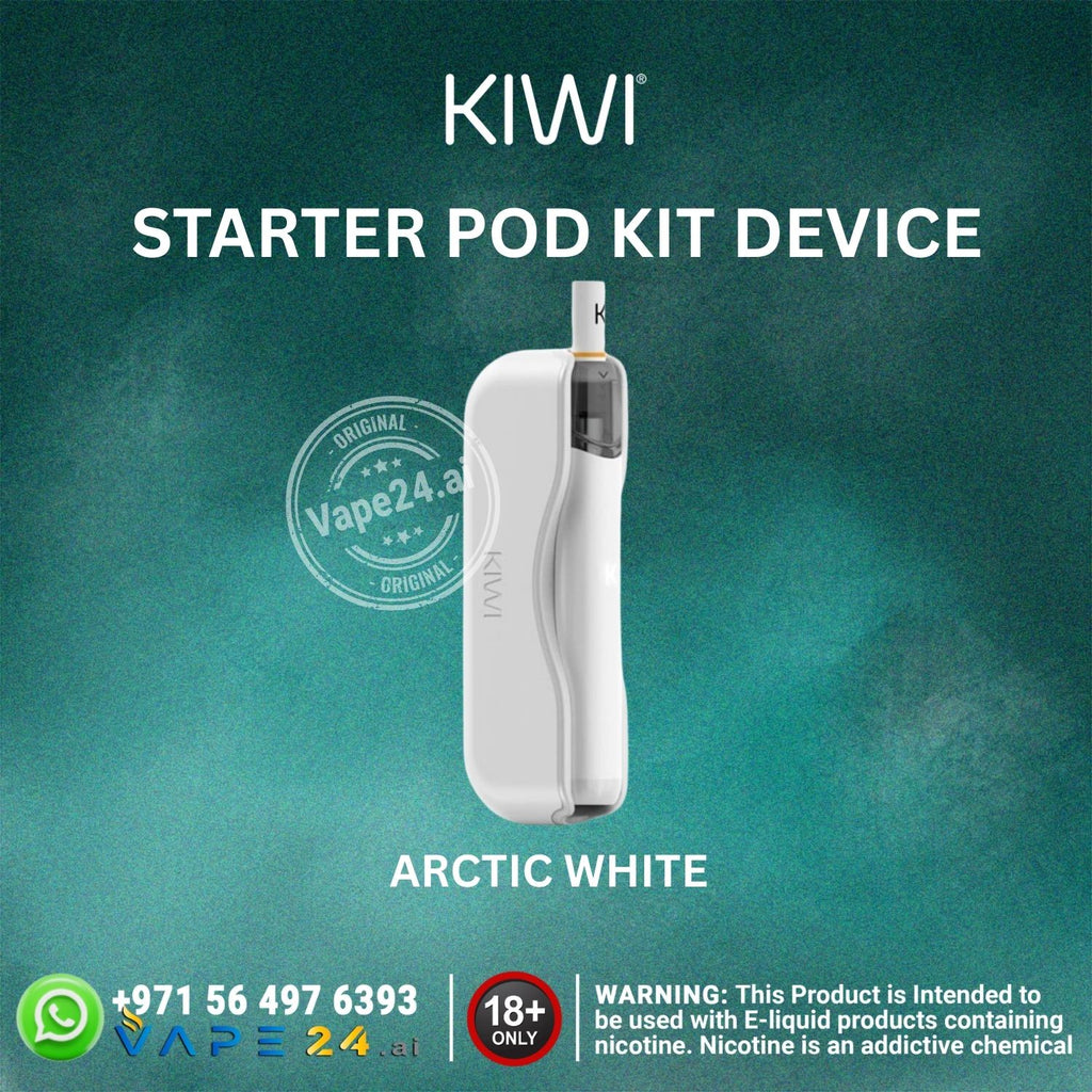 KIWI starter pod kit device on a teal background with branding and contact information.