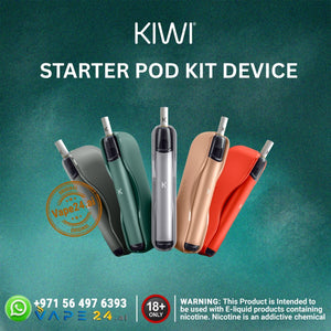 KIWI starter pod kit device with four different colored devices on a teal background