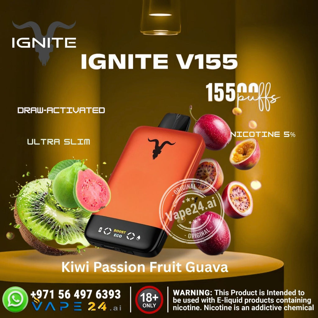 Orange vape device with kiwi, passion fruit, and guava graphics on a dark background