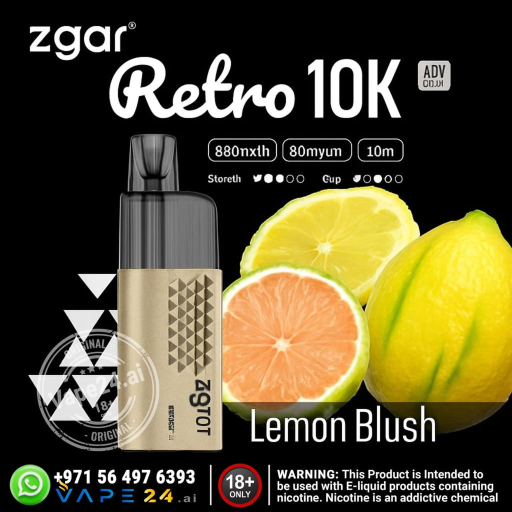 Zgar Retro 10K vape device with lemon and lime slices on a black background