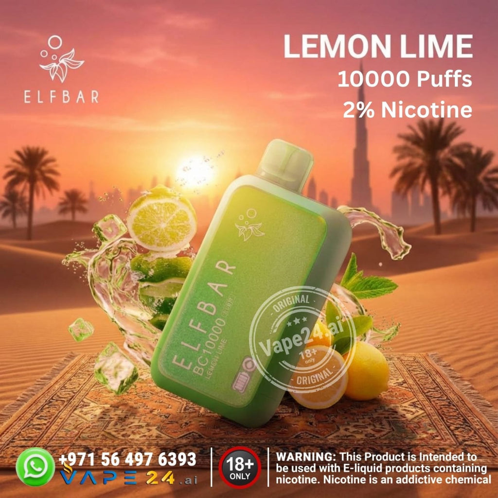  ELF BAR BC 10000 20mg Lemon Lime vape device with desert background and branding elements.