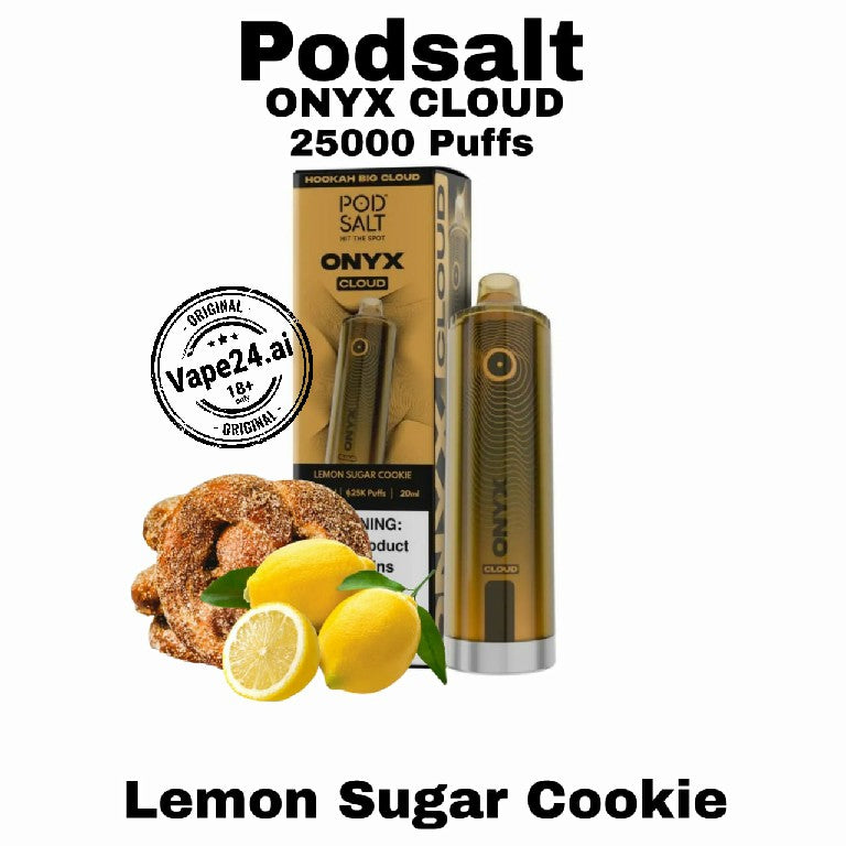 Podsalt ONYX Cloud vape device with packaging and lemon sugar cookie imagery on a white background.