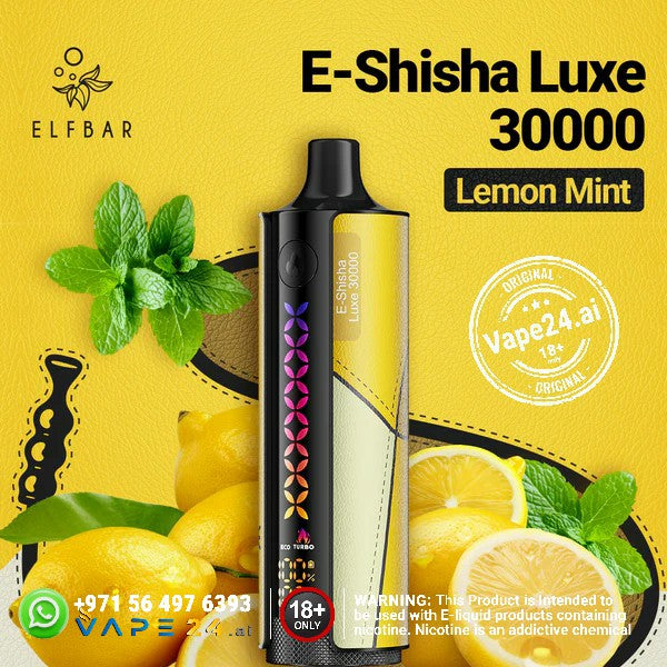 Elf Bar E-Shisha Luxe 30000 Puffs in Lemon Mint flavor with lemons, mint leaves, and contact info on bright yellow background.