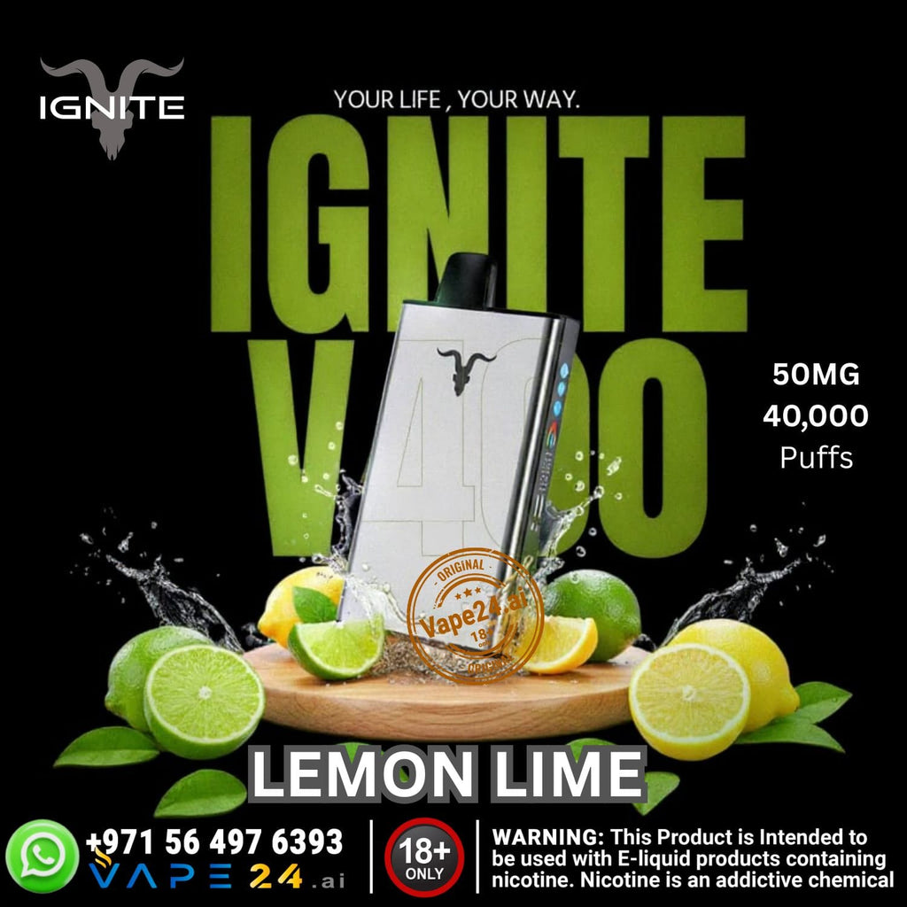 Advertisement for IGNITE Vape with lemon and lime slices on a black background