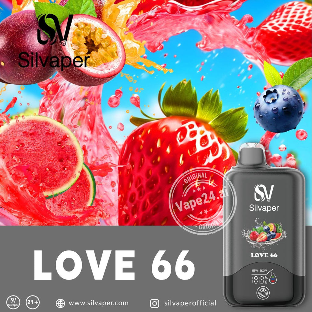 Silvaper vape device with fruit-themed design and 'LOVE 66' branding.