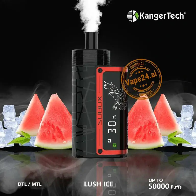 KangerTech Subox disposable vape with watermelon and ice, offering up to 50000 puffs and adjustable airflow.
