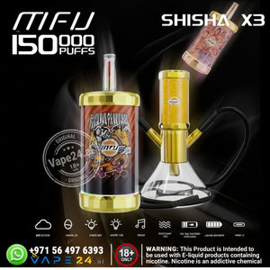 Shisha X3 vape device with gold accents on a dark background, featuring branding and product details.