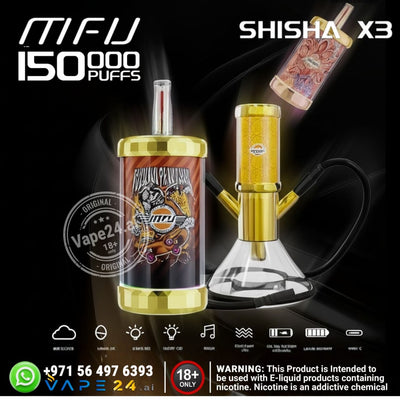 Shisha X3 vape device with gold accents on a dark background, featuring branding and product details.