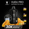 Vudu Pro disposable pod device with mango ice flavor on a dark background