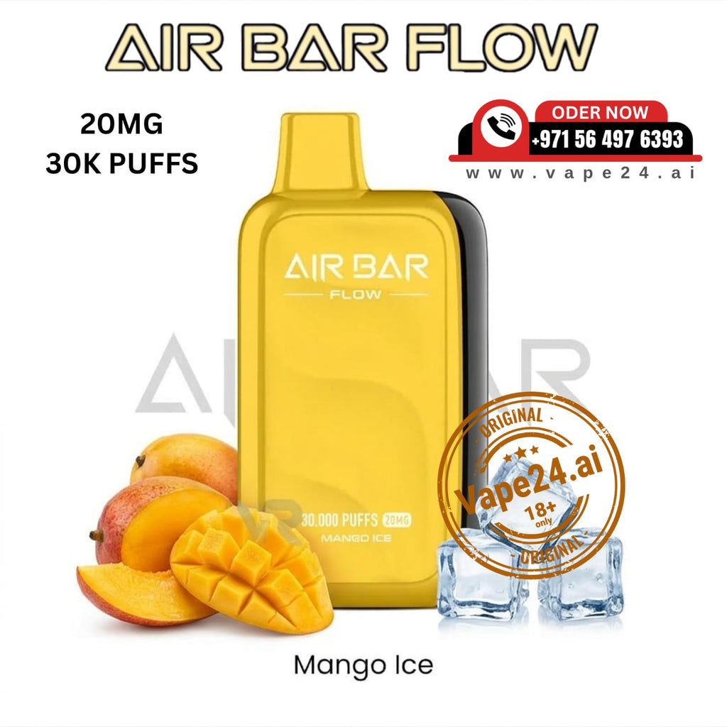 Yellow vape device with mangoes and ice cubes on a white background, featuring 'Air Bar Flow' branding.