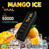 VAAL vape device with mangoes and ice cubes on a dark background, featuring 'Mango Ice' flavor.