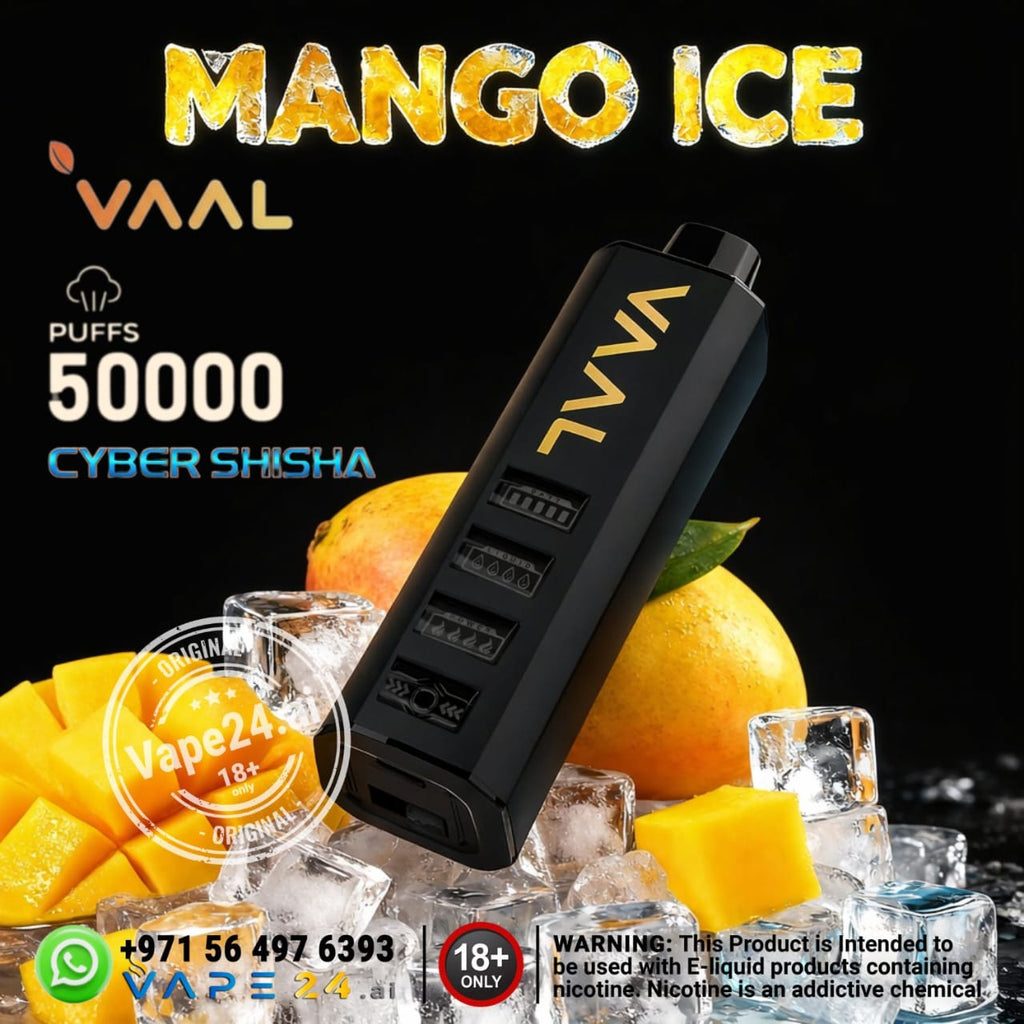 VAAL vape device with mangoes and ice cubes on a dark background, featuring 'Mango Ice' flavor.
