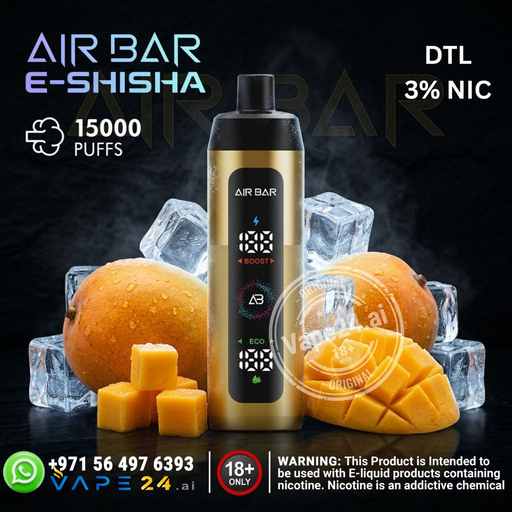 Air Bar e-shisha vape device with oranges and ice cubes on a dark background