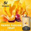 Silvaper Mango Passion Fruit vape device with mango and passion fruit on a yellow background